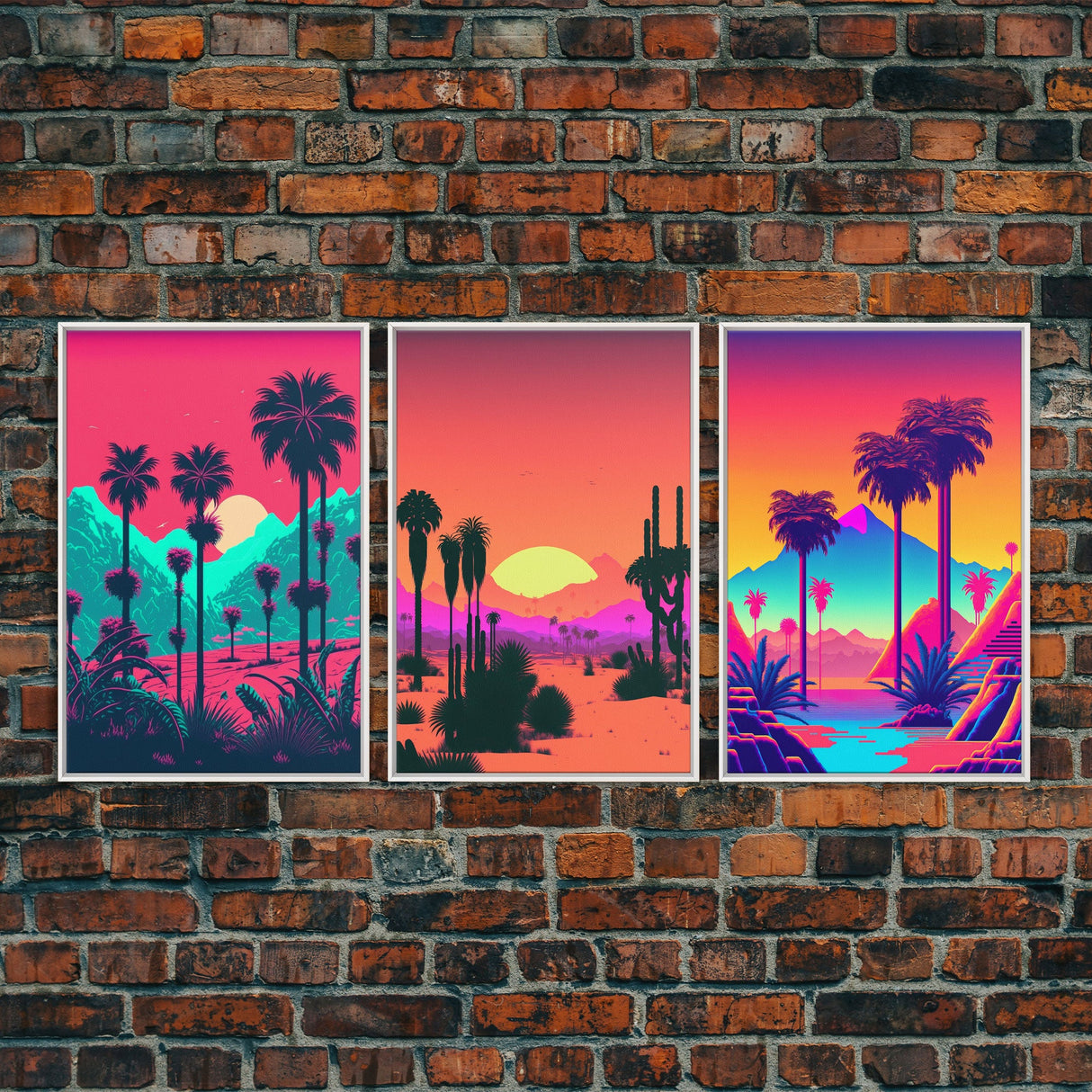 California Desert Art, Retro / Vaporwave / Synthwave 80s Vibes 3 Piece Canvas Prints, Game Room Art, Living Room / Bed Room Retro Decor