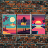 Midcentury Modern Wall Art, Mid Century Modern, 3 Piece Framed Canvas, 3 Panel Art, Triptych Art, Vaporwave Palm Trees and Sunset, 80s Retro