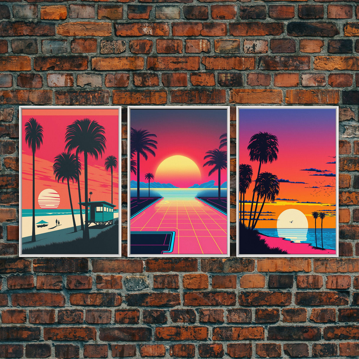 Midcentury Modern Wall Art, Mid Century Modern, 3 Piece Framed Canvas, 3 Panel Art, Triptych Art, Vaporwave Palm Trees and Sunset, 80s Retro