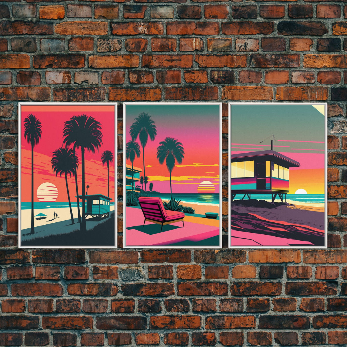 MCM Style Retro Wall Decor, Framed Canvas Prints, Triptych 3 Panel Wall Art, Retrowave Beach Art, Minimalist Boho Vaporwave Architecture Art