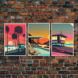 MCM Style Retro Wall Decor, Framed Canvas Prints, Triptych 3 Panel Wall Art, Retrowave Beach Art, Synthwave / Vaporwave Architecture Art