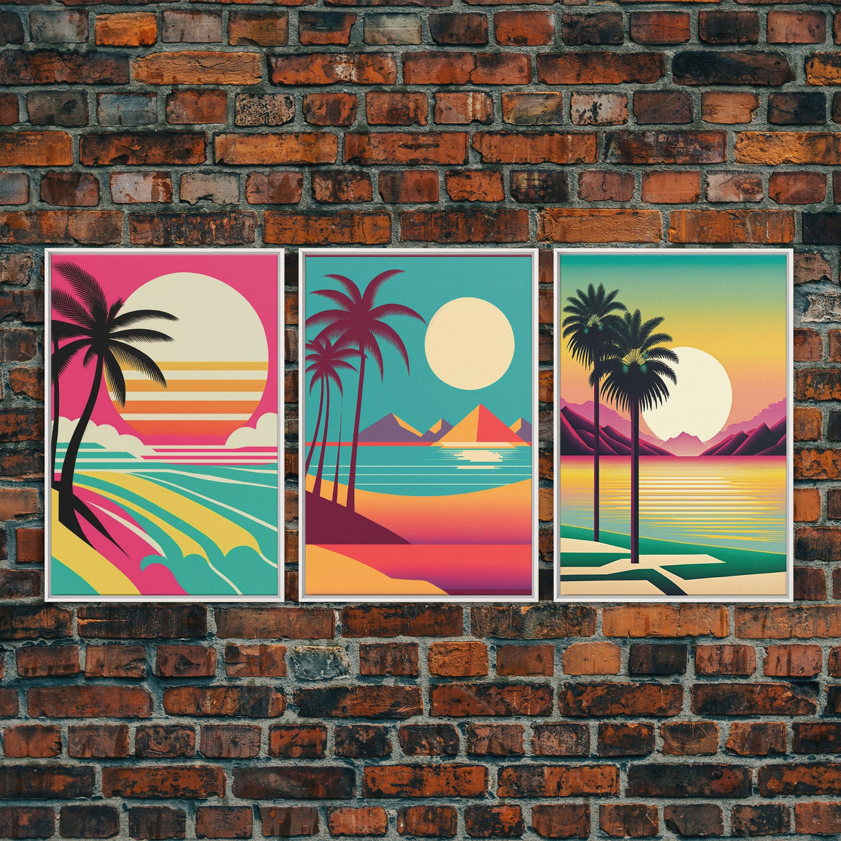 Beautiful Turquoise Retro Style Beach Art, Triptych 3 Panel Framed Canvas Prints, Palm Trees and Sunset, 80s Vibes Vaporwave Art Deco Mashup