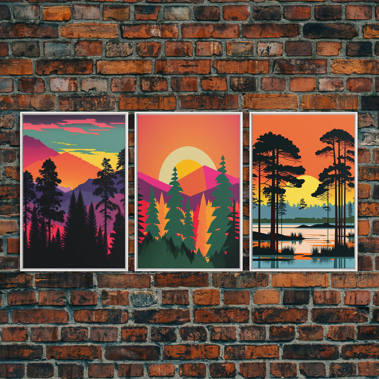 Pacific Northwest MCM Style Landscape Art, Framed Canvas Prints, 3 Piece Art Set, Triptych Art, Colorful Retro Style Pine Tree Forests