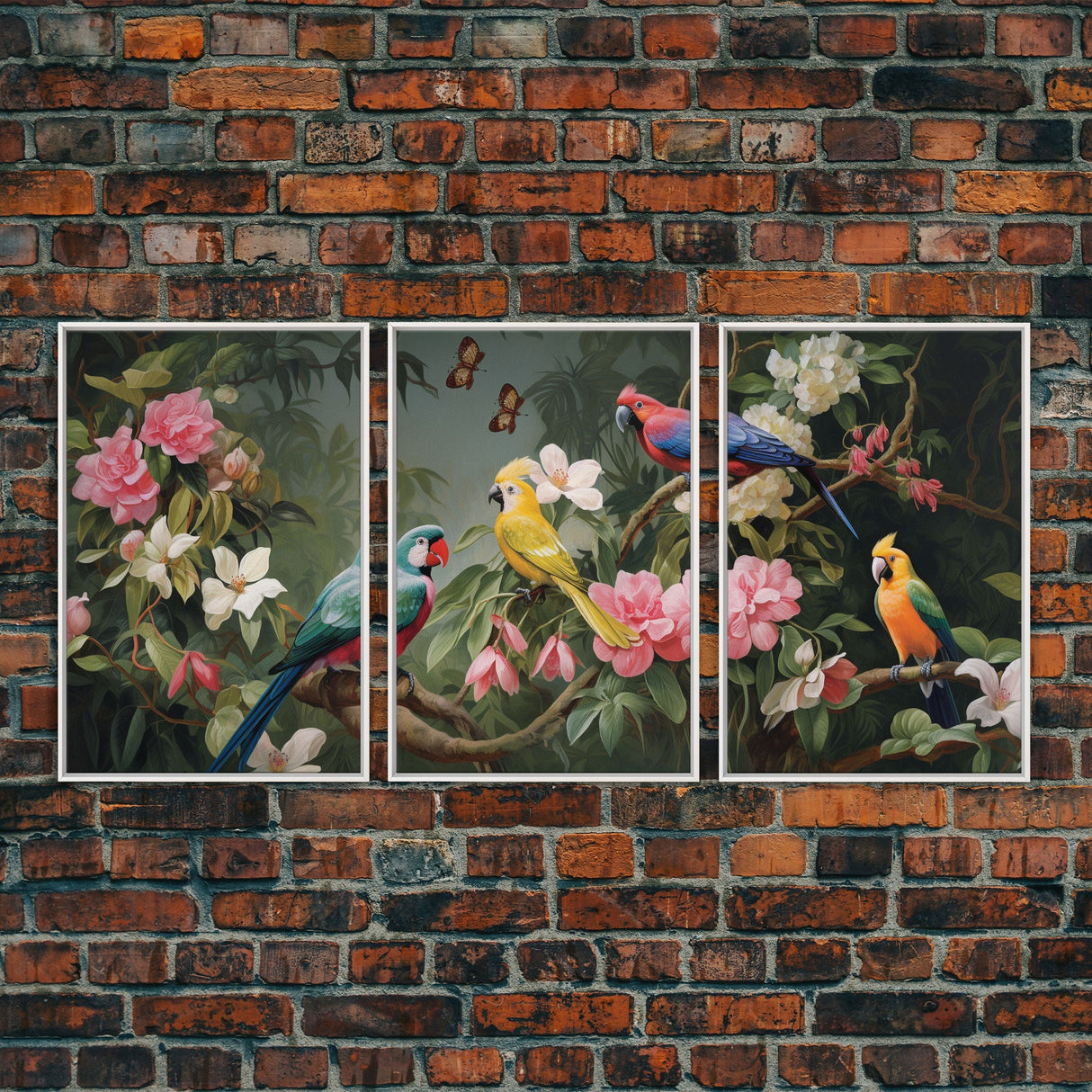 Flowers Wall Print, Tropical Wall Art, Macaw, Jungle Art Print, Canvas Print, Wall Art, 3 Piece Wall Art, Modern Office Art, Wedding Gift