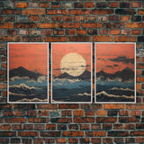 Japanese Ukiyo-e Ink Block Canvas Prints, Triptych Art, 3 Panel Wall Art, 3 Piece Set, Framed Canvas Art, Wall Decor, Above Couch Art