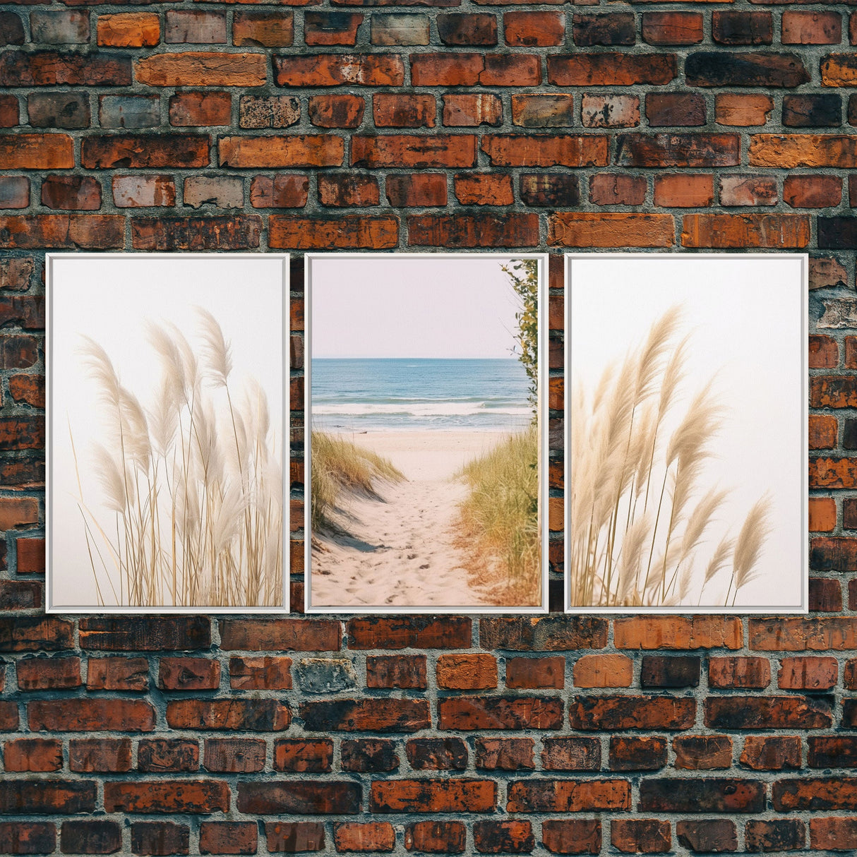 Set of 3 Pampas Grass, Beach Ocean Shore Photography Prints, Minimalist Modern Art Neutral Coastal Room Decor Framed Canvas Wall Art