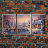 3 Piece Winter Scene, Framed Canvas Prints, Triptych Christmas Painting, Christmas Decor, Winter Art, Christmas Wall art, Xmas Art