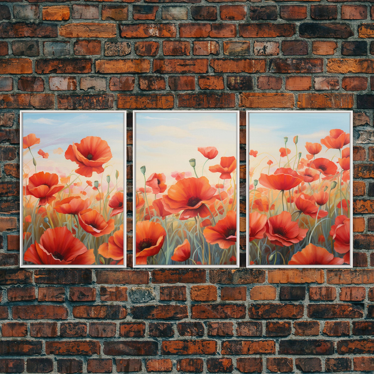 Beautiful Red Flowers, Wildflower Art, Framed Canvas Prints, 3 Piece Set, Triptych, Wall Art, Botanical Art, Floral Decor, Boho Style Art