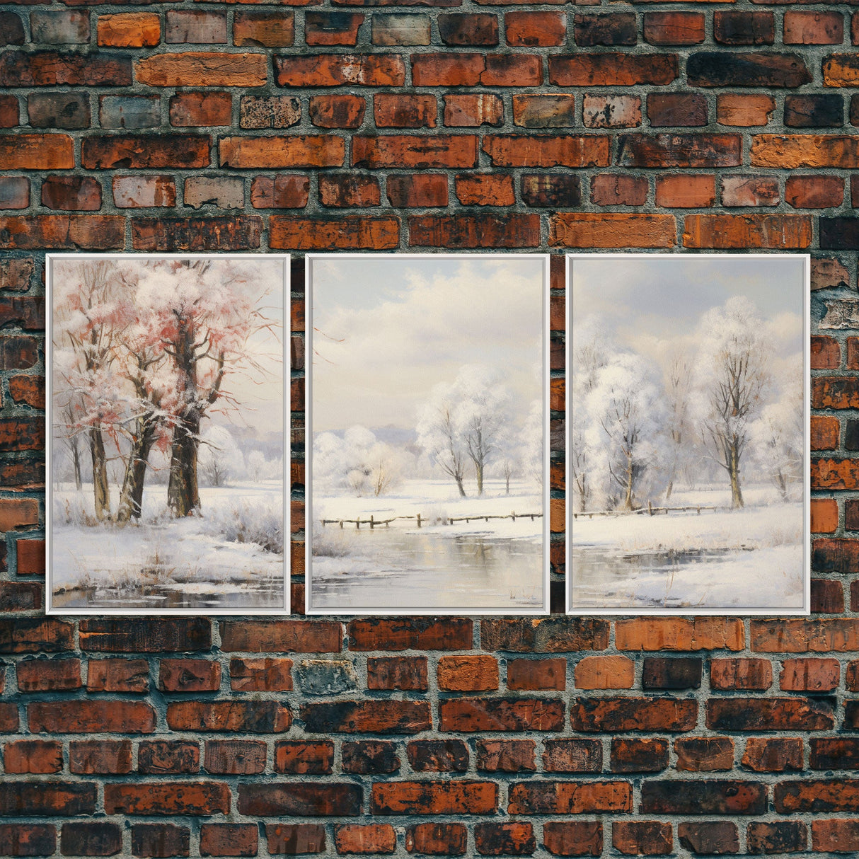 3 Piece Winter Scene, Framed Canvas Prints, Triptych Christmas Painting, Christmas Decor, Winter Art, Christmas Wall art, Xmas Art