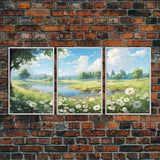 Beautiful Spring Meadow Landscape Painting 3 Piece Set, Spring Centerpiece Art, Original Oil Painting Wall Art, Minimalist Whimsical Decor