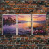 Beautiful 3 Piece Wall Art, Framed Canvas Print, 3 Piece Set, Lake House Decor, Sunset Over The Purple Marsh, Above Sofa Art