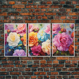 Beautiful Rose Art, Framed Canvas Print, Floral Art, Botanical  Decor, Blue and Yellow Roses, 3 Piece Art Set