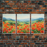 The Poppy Fields, Beautiful Red Flowers, Wildflower Art, Framed Canvas Prints, 3 Piece Set, Triptych, Wall Art, Botanical Art, Boho Decor