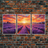 Purple Lavender Fields, 3 Piece Wall Art, Framed Canvas Print, Beautiful Original Landscape Painting, Sunset Painting, Farmhouse Decor