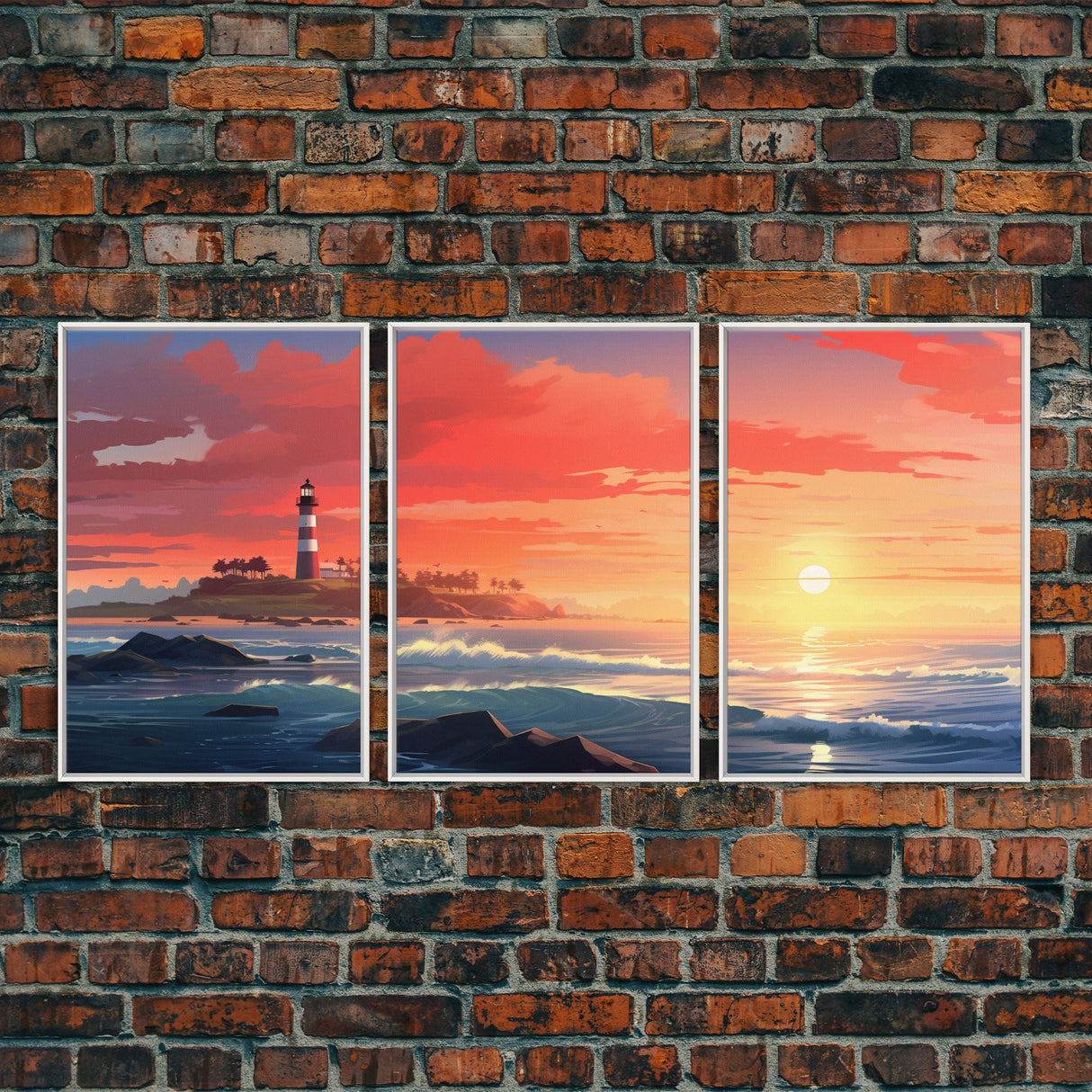 Sunset Wall Art, Light House Decor, Ocean Art Print, Canvas Print, Wall Art, 3 Piece Wall Art, Nautical Print, Seascape Art Print, Cozy Gift