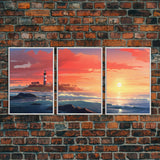 Sunset Wall Art, Light House Decor, Ocean Art Print, Canvas Print, Wall Art, 3 Piece Wall Art, Nautical Print, Seascape Art Print, Cozy Gift