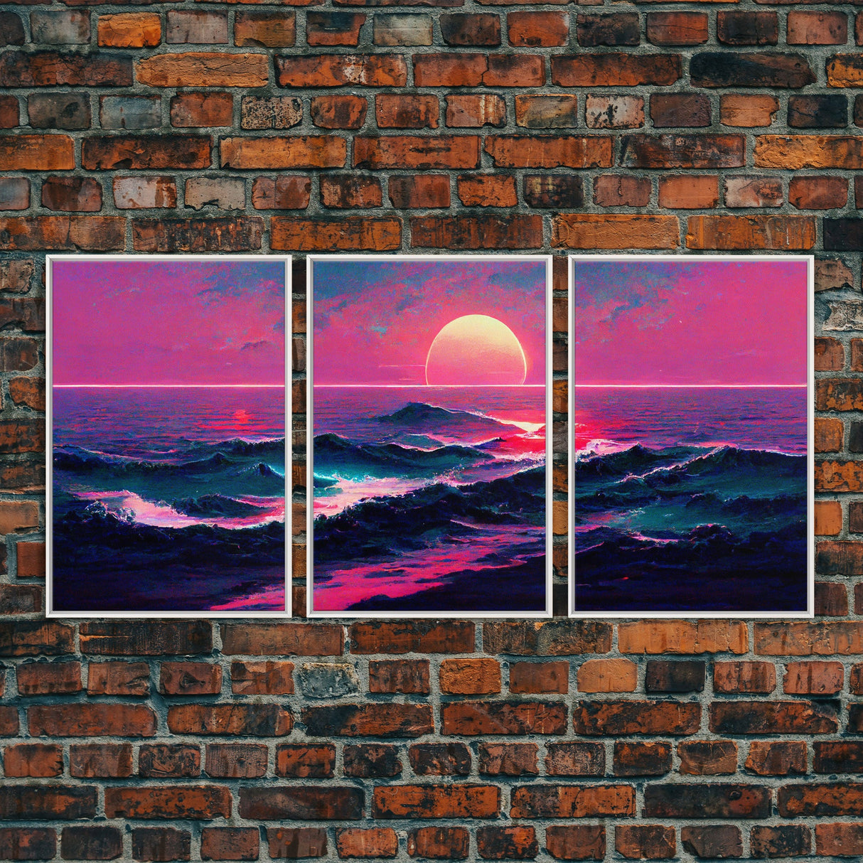 Outrun Style Synthwave Sunset Ocean Waves, 3 Piece Wall Art, Ready To Hang Canvas Print, Cool Unique Lakehouse Wall Art Decor