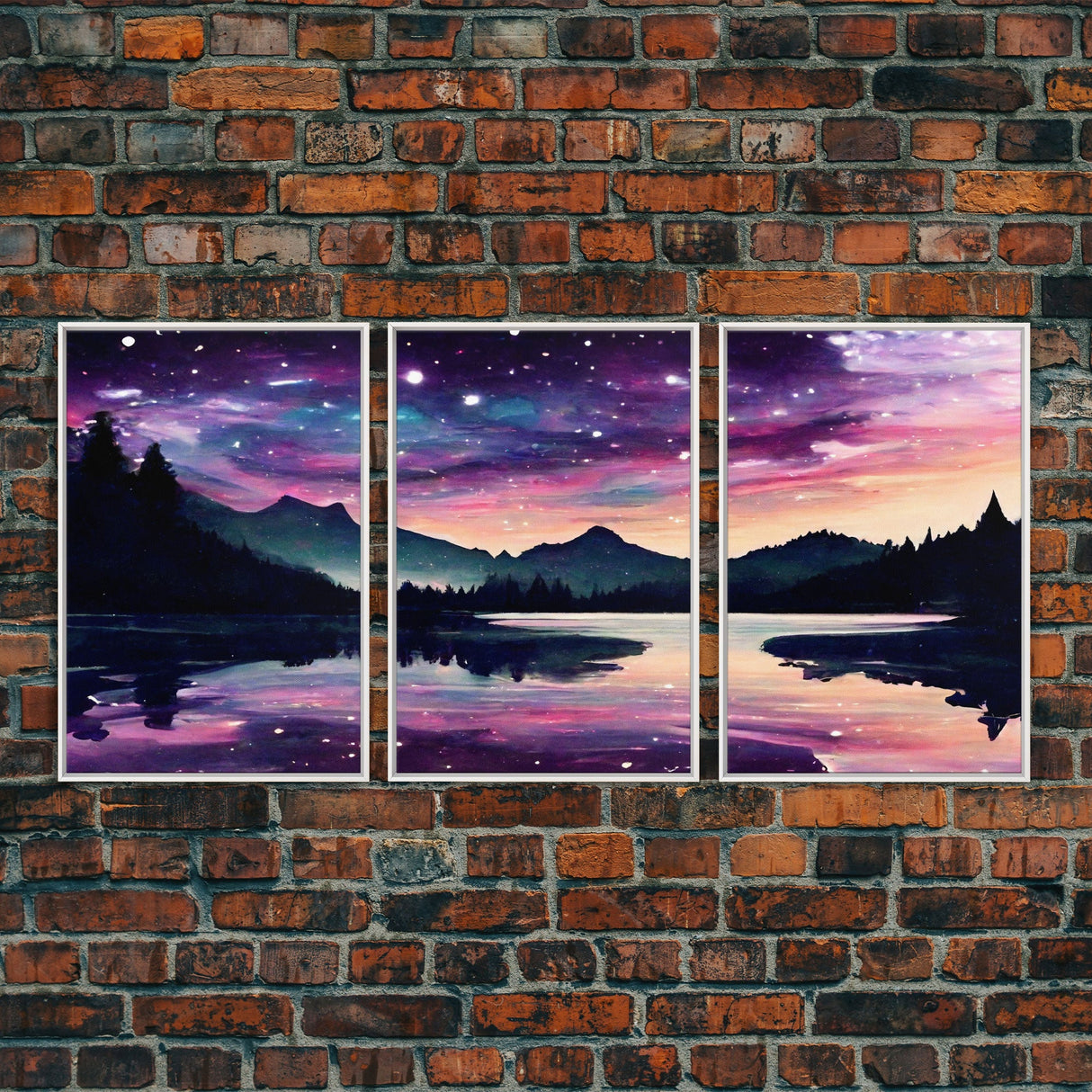 Fantasy Starry Night Magical Forest Landscape, 3 Piece Wall Art, Ready To Hang Canvas Print, Cool Unique Living Room Wall Art Decor