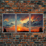 Forest Sunset Wall Decor, Oil Painting Style, 3 Piece Wall Art, Ready To Hang Canvas Print, Cool Unique Living Room Wall Art Decor