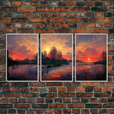 Forest Sunset Wall Decor, Oil Painting Style, 3 Piece Wall Art, Ready To Hang Canvas Print, Cool Unique Living Room Wall Art Decor