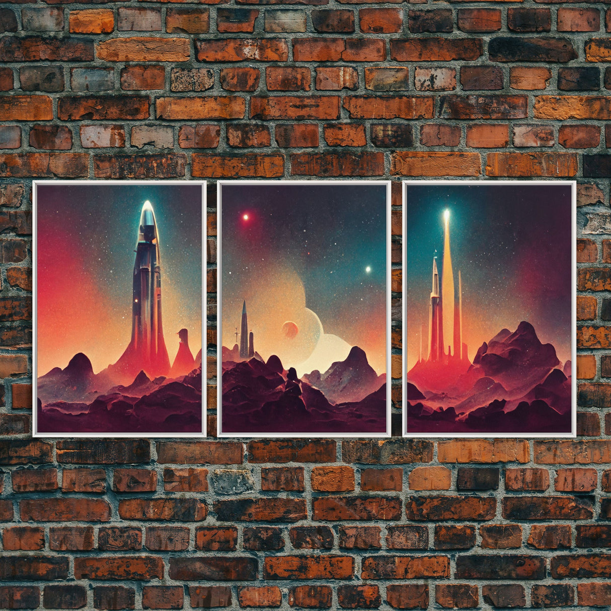 Art Deco Scifi Art, Science Fiction Space Ships, 3 Piece Wall Art, Ready To Hang Canvas Print, Cool Unique Mancave wall Art Decor