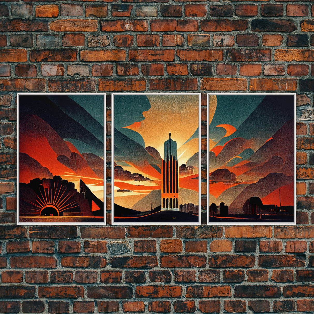 Art Deco Brutalist Architecture, Dystopian, 3 Piece Wall Art, Ready To Hang Canvas Print, Beautiful Living Room Wall Art Decor