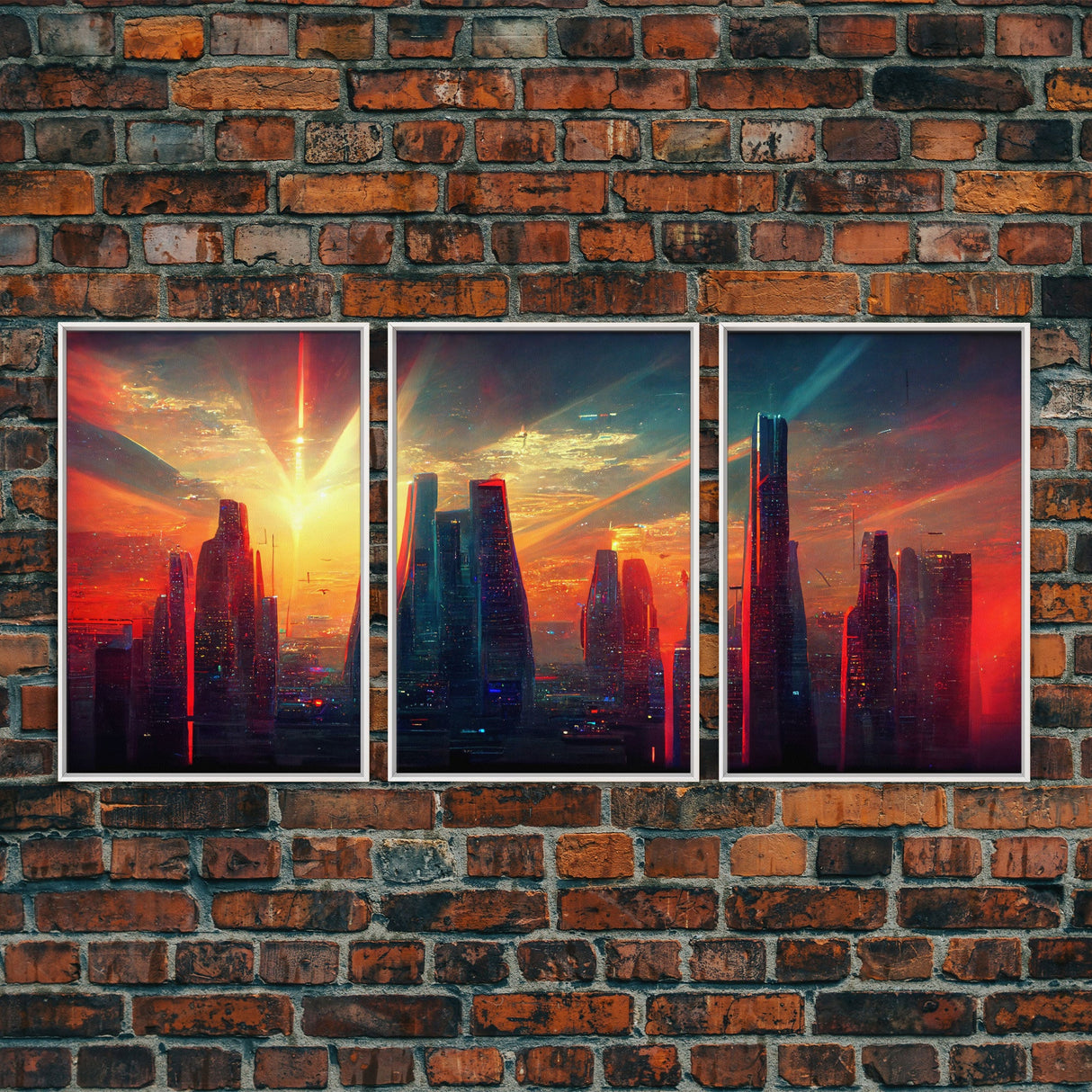 Cyberpunk City At Sunset, Futuristic, 3 Piece Wall Art, Ready To Hang Canvas Print, Cool Living Room Wall Art Decor