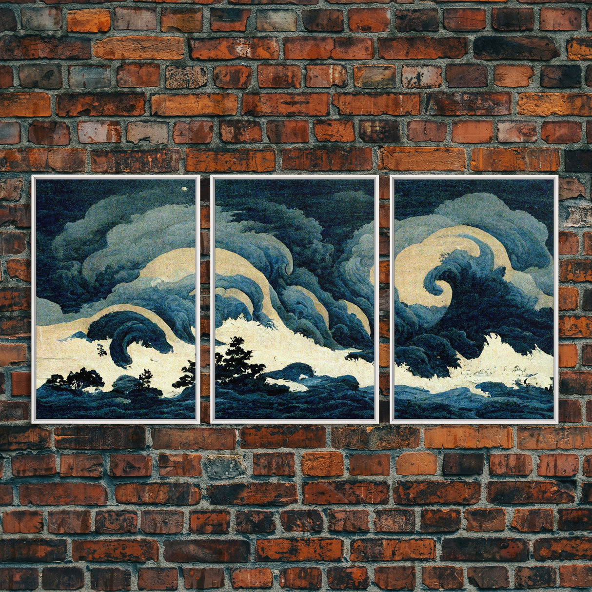 Retro Japanese Style Wave Art, A Storm Torrent, 3 Piece Wall Art, Ready To Hang Canvas Print