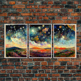 Night Starry Sky Landscape Colorful Night Sky Nature Living Room Wall Art Spiritual Starry, 3 Piece Wall Art, Ready To Hang Canvas Print