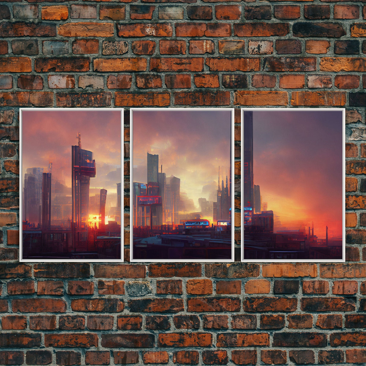 Cyberpunk City, Night City Watercolor, Videogame Concept Art, Watercolor Of a Cyberpunk City 3 Piece Wall Art, Ready To Hang Canvas Print