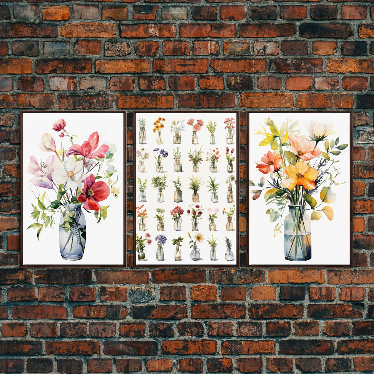 3 Piece Set, Cute Kawaii Floral Print, Flowers In Vases, Framed Wall Art, Canvas Print, Botanical Wall Decor, Dried Flower Large Triptych