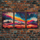 Psychedelic sunset, beautiful colorful wall art, 3 piece canvas print, three piece wall art, living room above the couch art, sun rise art