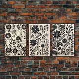 Black and White Floral Print, 3 Piece Framed Canvas Art, Boho Rustic Farmhouse Decor, Living Room Art, Minimalist Wall Art