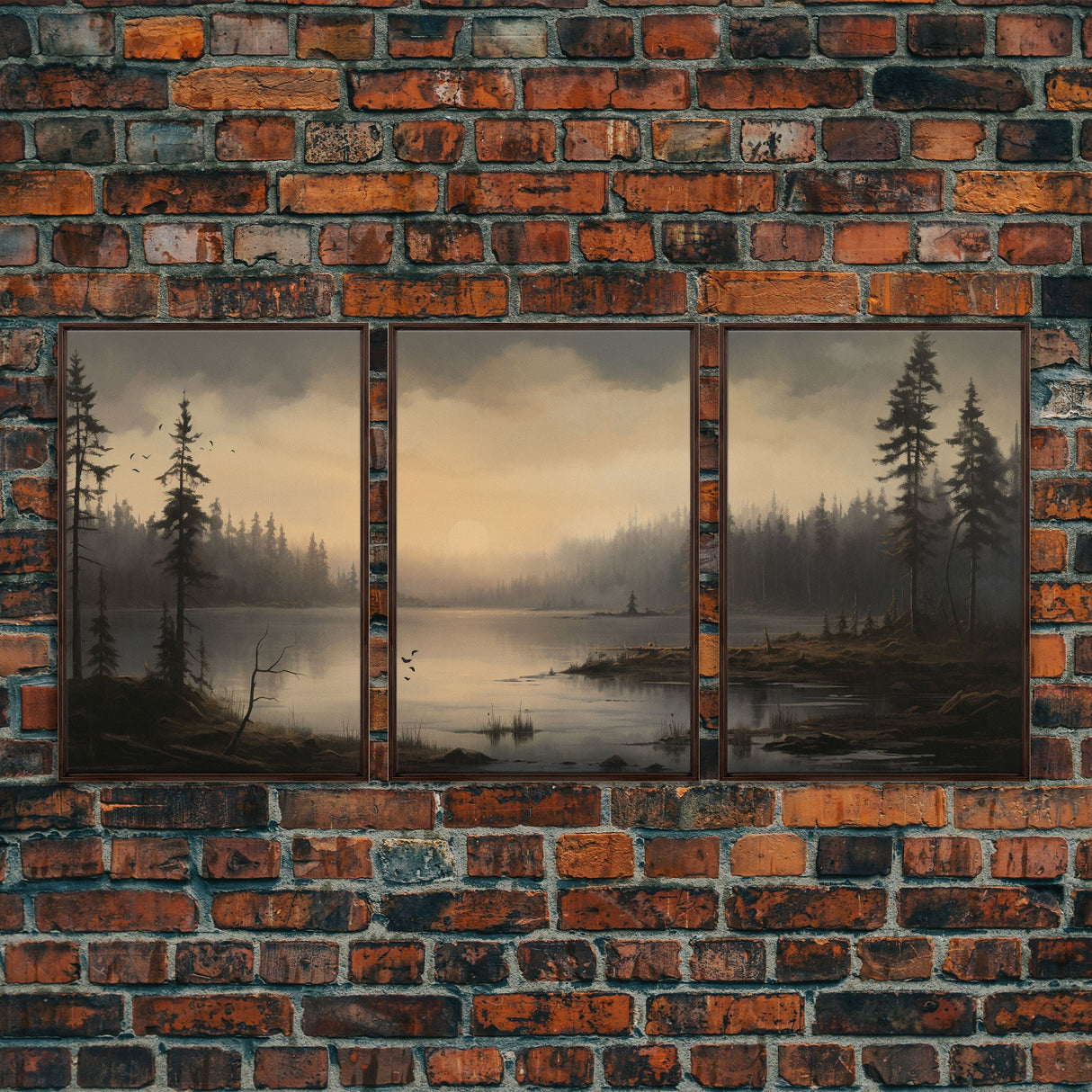 Moody 3 Piece Canvas Wall Art, Solumn PNW Lake At Sunset, Framed Canvas Print 3 Panel Set, Original Landscape Painting, Pacific Northwest