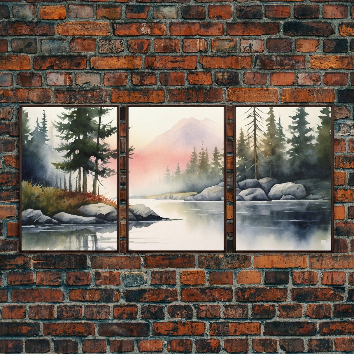 Framed Canvas Wall Art Set of 3 Pastel Mountain Range Lake Nature Landscape Prints Minimalist Modern Art Woodland Nursery Decor Office Art