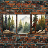 3 Panel Framed Canvas Print Wall Art Set of 3 Emerald Green Mountain Forest Lake Landscape Minimalist Modern Art Nature Wall Decor Pine Tree