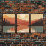 Framed Canvas Wall Art Set of 3 Sunset Forest Landscape Abstract Illustrations Prints Modern Art Minimalist Boho Wall Decor, 3 Piece Art