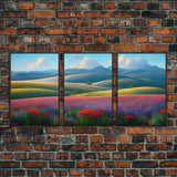 Colorful rolling hills, flower fields, landscape art,  3 piece wall art, 3 piece canvas, cool centerpiece living room wall art