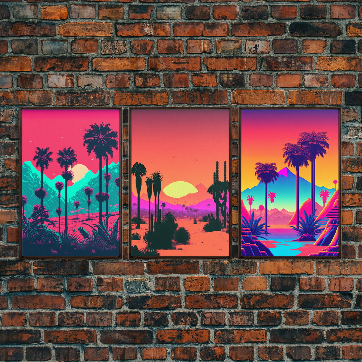 California Desert Art, Retro / Vaporwave / Synthwave 80s Vibes 3 Piece Canvas Prints, Game Room Art, Living Room / Bed Room Retro Decor