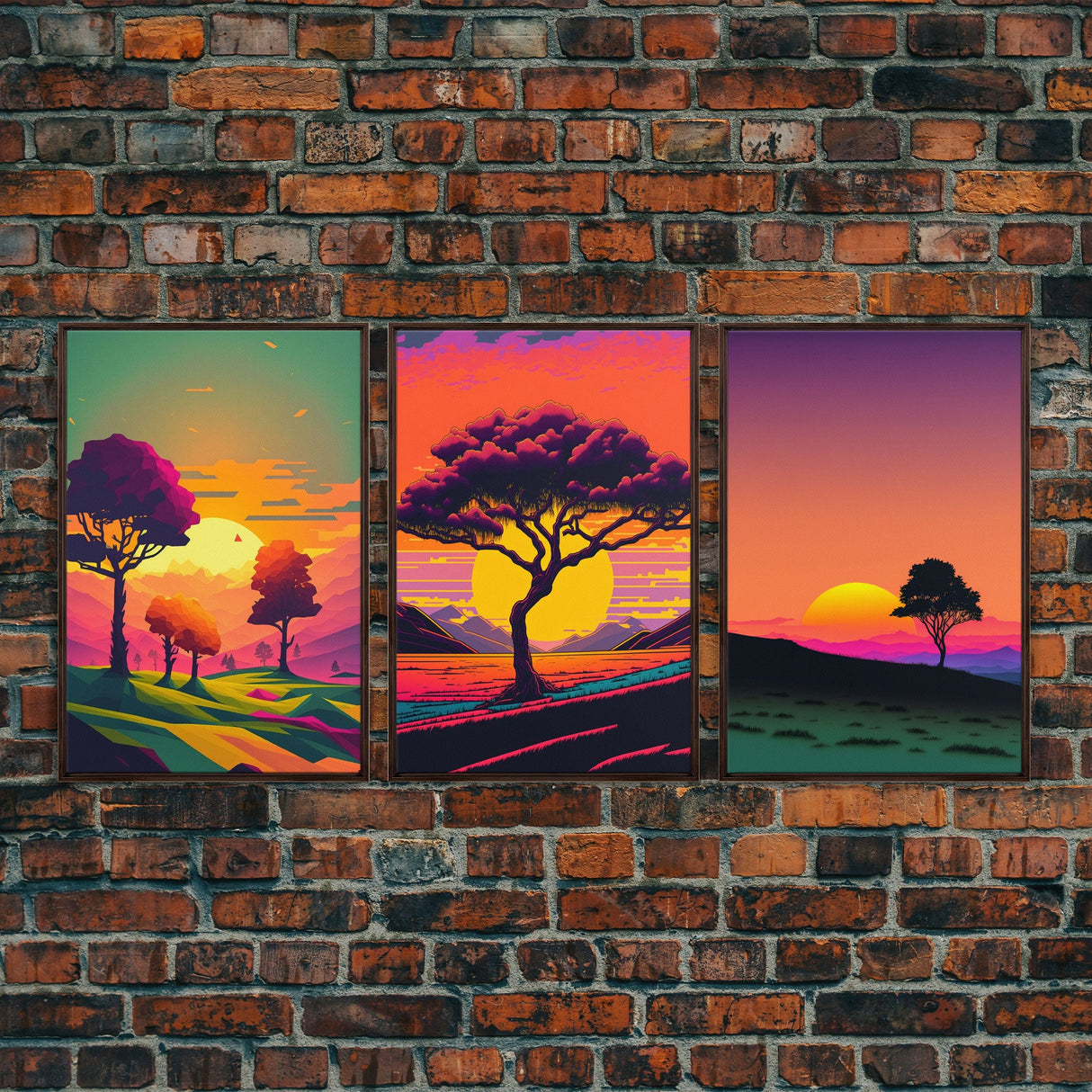 Triptych 3 panel Wall Art, Framed Canvas Prints, Synthwave Landscape Decor, MCM 80s Vibes Retro Style 3 Piece Art