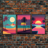 Midcentury Modern Wall Art, Mid Century Modern, 3 Piece Framed Canvas, 3 Panel Art, Triptych Art, Vaporwave Palm Trees and Sunset, 80s Retro