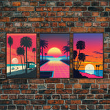 Midcentury Modern Wall Art, Mid Century Modern, 3 Piece Framed Canvas, 3 Panel Art, Triptych Art, Vaporwave Palm Trees and Sunset, 80s Retro