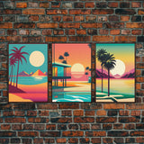 Beautiful Turquoise Retro Style Beach Art, Triptych 3 Panel Framed Canvas Prints, Palm Trees and Sunset, 80s Vibes Vaporwave Art Deco Mashup