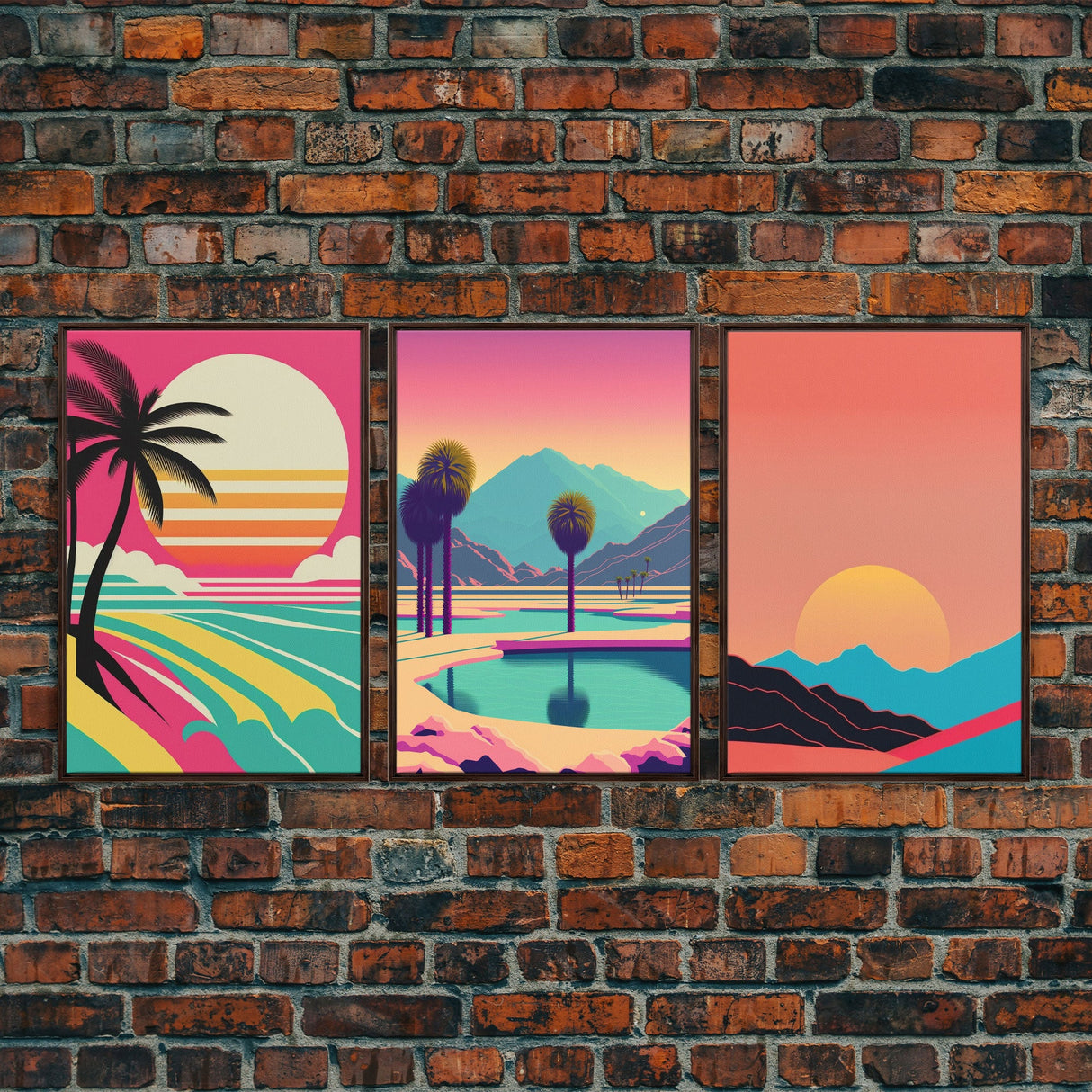 Beach Vibes - Midcentury / Art Deco / 80 Vibes Mash up - Framed Canvas Prints - Turquoise Sky and Palme Trees - 3 Panel Art, Triptych Prints