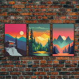 Scandinavian Canvas Prints Framed, 3 Piece Wall Art, Nordic Print Set, Modern Abstract Art, Minimalist Landscape Sunset Art, Forest Mountain