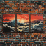 Asian Art, Japanese Wall Art, Ocean Waves, Sunset Art, Canvas Print, Wall Art, 3 Piece Wall Art, Trendy Wall Art, Modern Art Prints