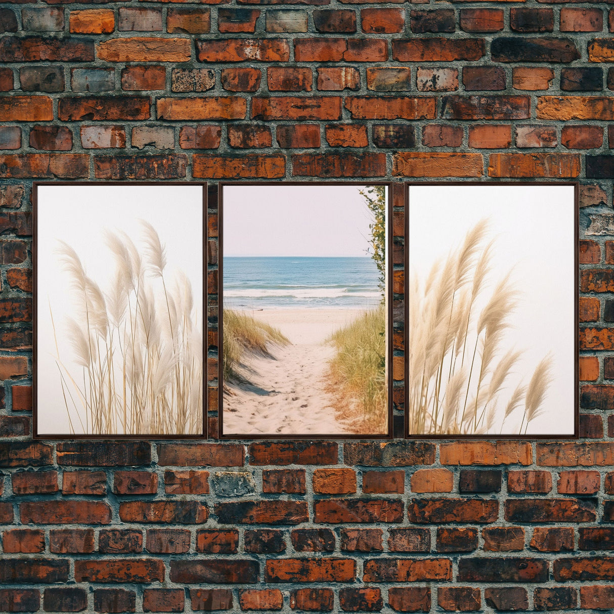 Set of 3 Pampas Grass, Beach Ocean Shore Photography Prints, Minimalist Modern Art Neutral Coastal Room Decor Framed Canvas Wall Art