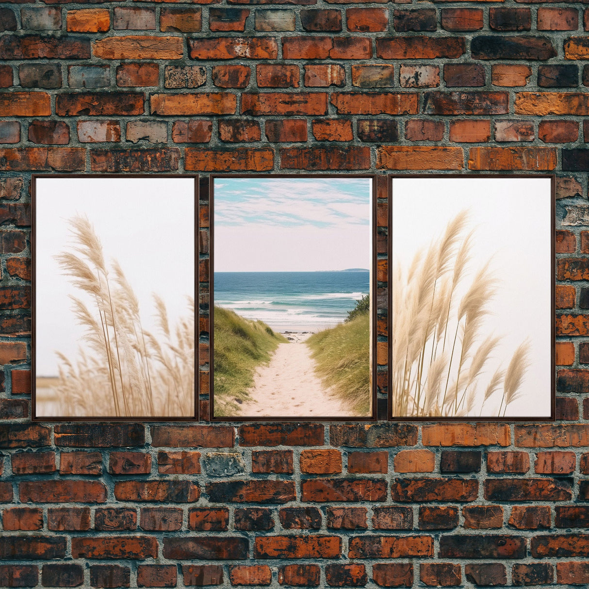 Beautiful Set of 3 Pampas Grass Beach Ocean Shore Photography Prints Minimalist Modern Art Neutral Coastal Room Decor Framed Canvas Wall Art