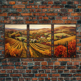 Italian Vineyard Framed Canvas Prints, Minimalist Fall Decor, Fall Centerpiece Art, Autumn Centerpiece, 3 Piece Art, Large Wall Art