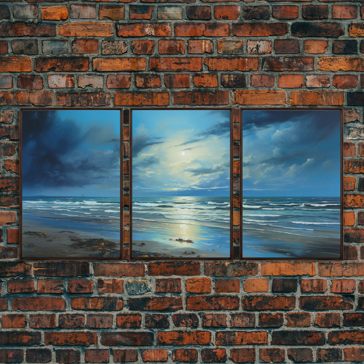 Night Time Beach Art, Framed Canvas Prints, Triptych 3 Panel Wall Art, Tropical Decor, Centerpiece Art